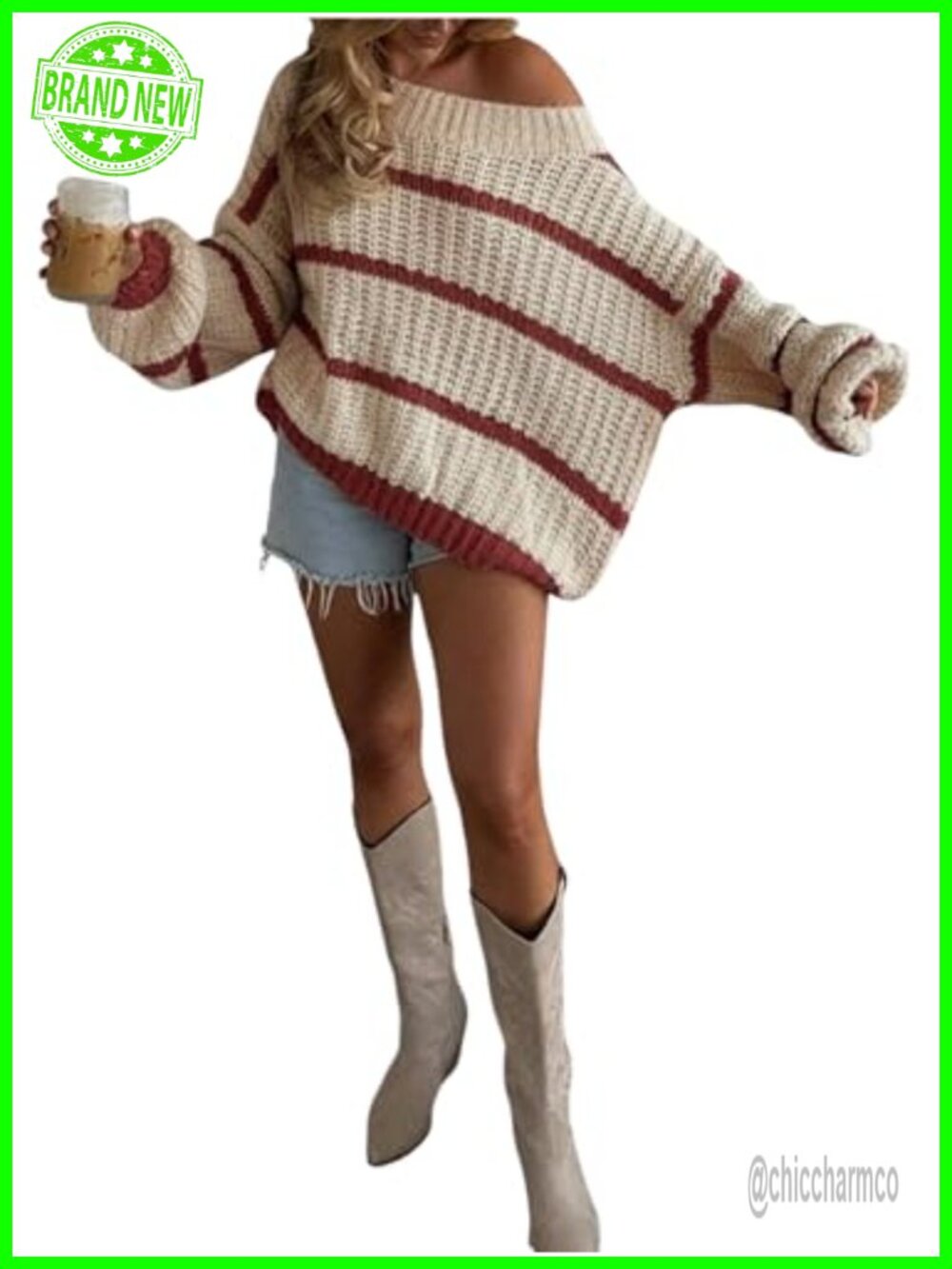 Chunky Oversized Off Shoulder Sweater Striped Color Block Long Sleeve Pullover